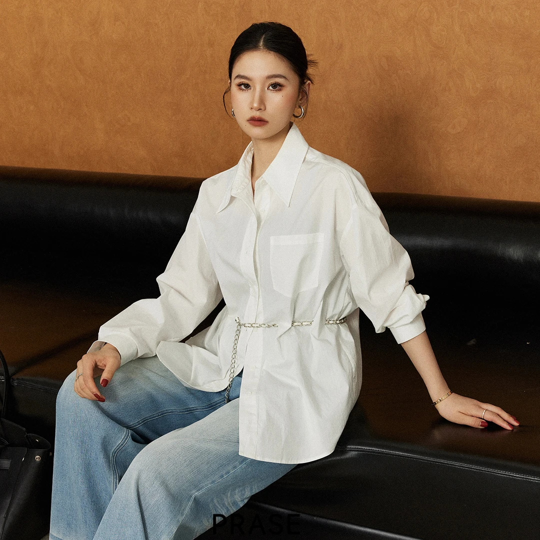 PRASE·噜【腰链玩家】100棉微胖轻奢设计款秋时尚链条衬衫PR508C54