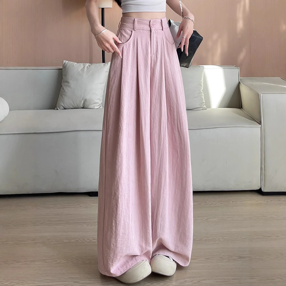高腰粉色奶芙山本裤女夏季薄款高级感垂坠感西装裤直筒休闲冰丝阔