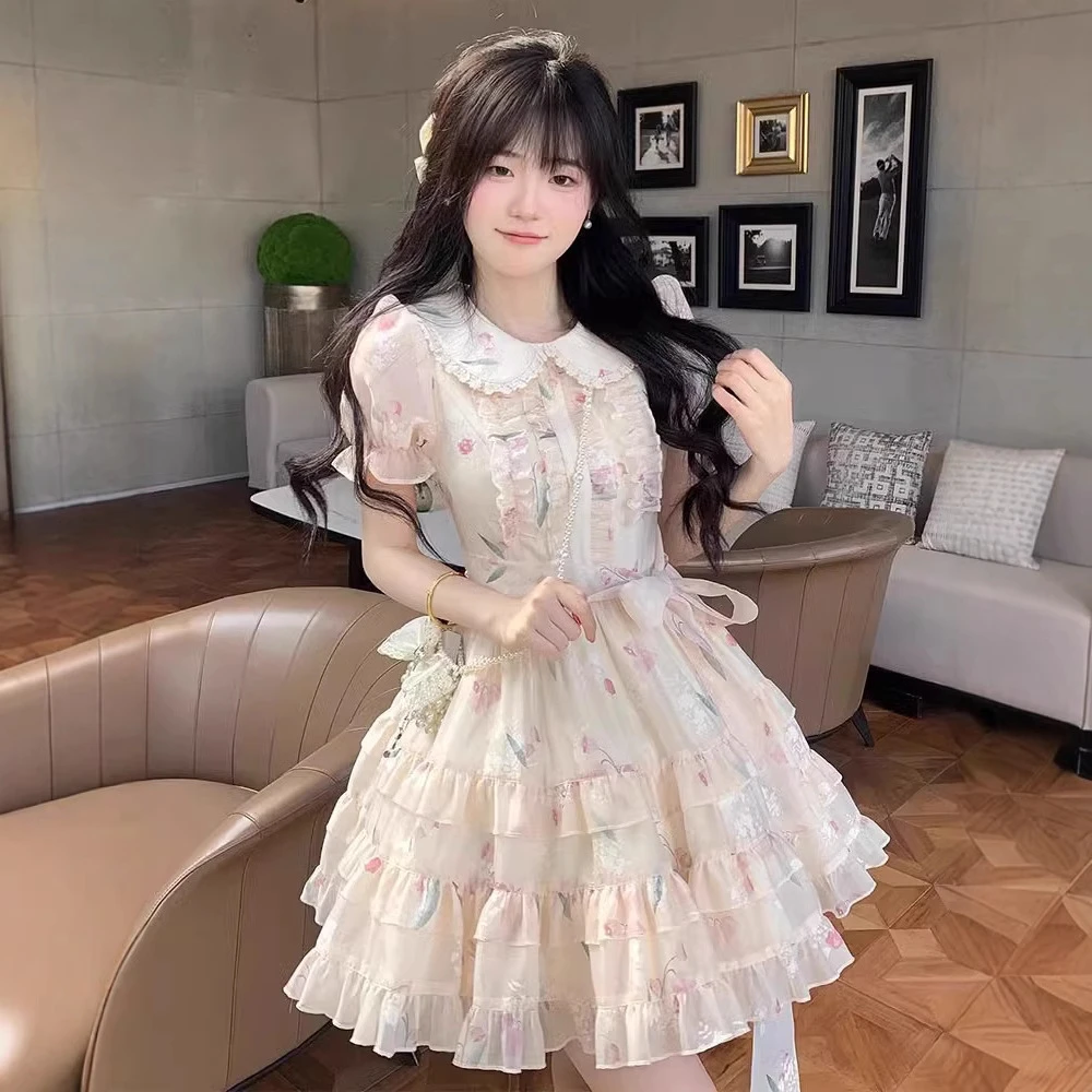甜美温柔碎花娃娃领连衣裙夏季少女感超仙气质减龄收腰系带公主裙