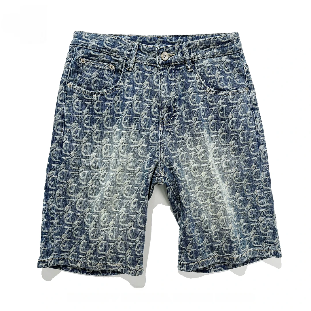 夏季新款高级立体感纹理大牌提花牛仔短裤男阔腿直筒宽松五分裤男