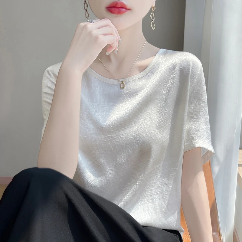 【现货宠粉】新款短袖新中式T恤法式奶芙简约休闲圆领白色纯色百搭