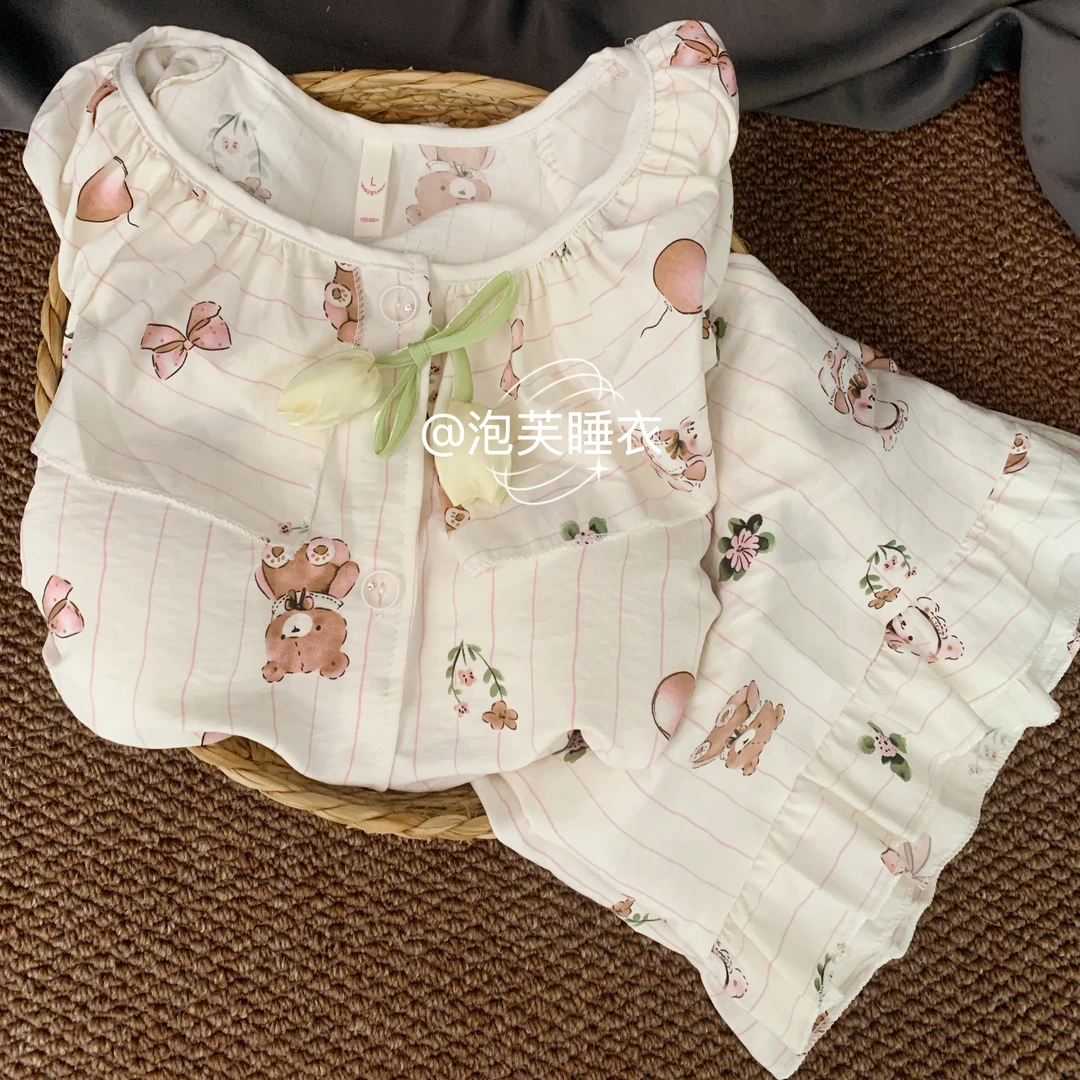 （带胸垫小熊）夏季新款短袖睡衣女可爱小熊家居服短裤套装