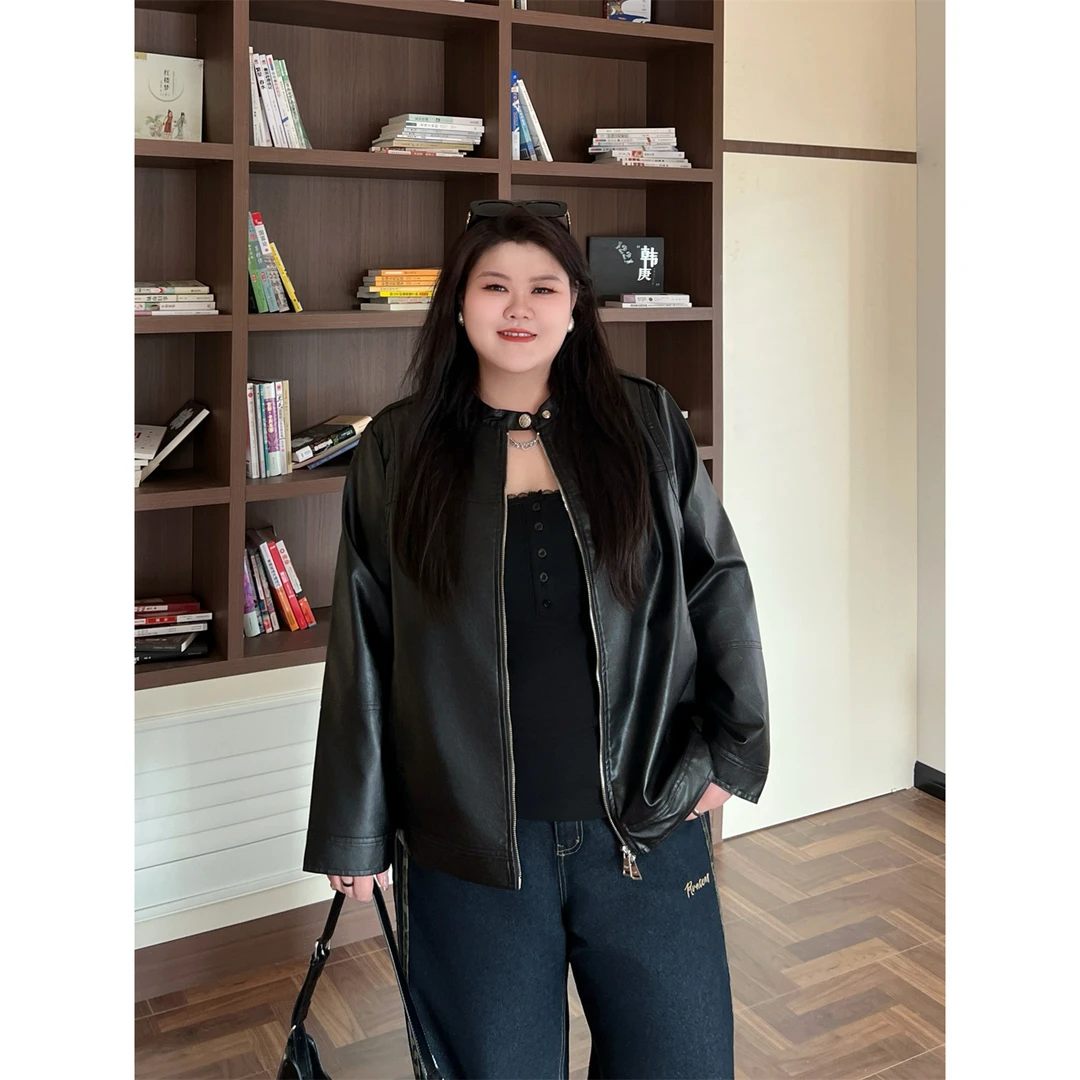 花契“雷克雅未”大码女装秋季百搭200斤胖mm时尚皮衣外套15891-X