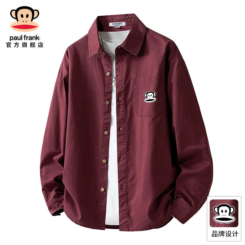 paul frank/大嘴猴潮流宽松印花长袖衬衫男秋冬新款纯色百搭衬衣
