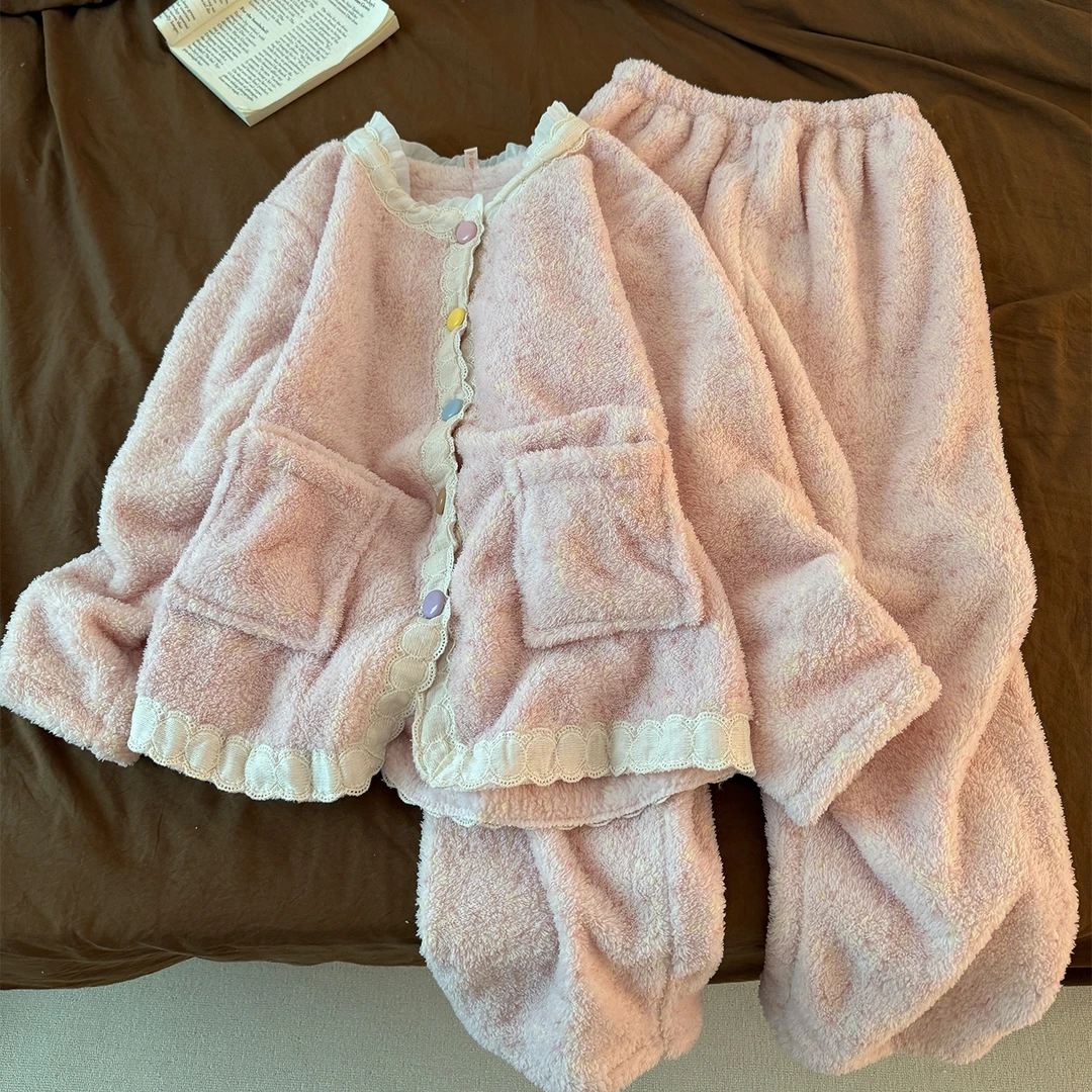 蕾丝花边睡衣女新款冬季半边绒加厚保暖粉色开衫珊瑚绒家居服套装