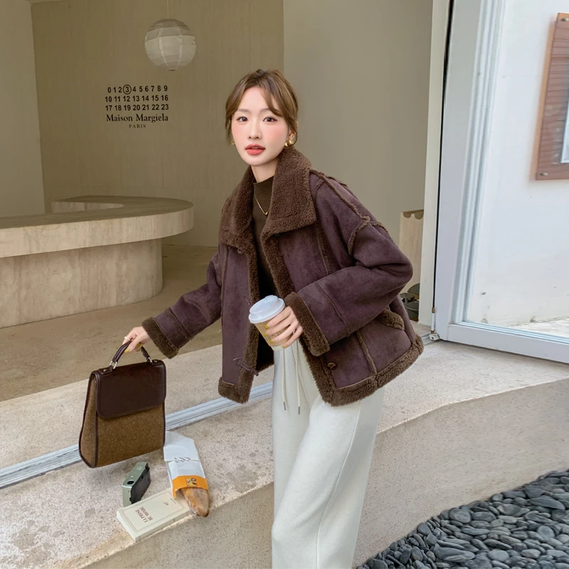 复古机车风羊羔毛皮毛一体外套2025冬季新款美拉德甜酷风短款棉衣
