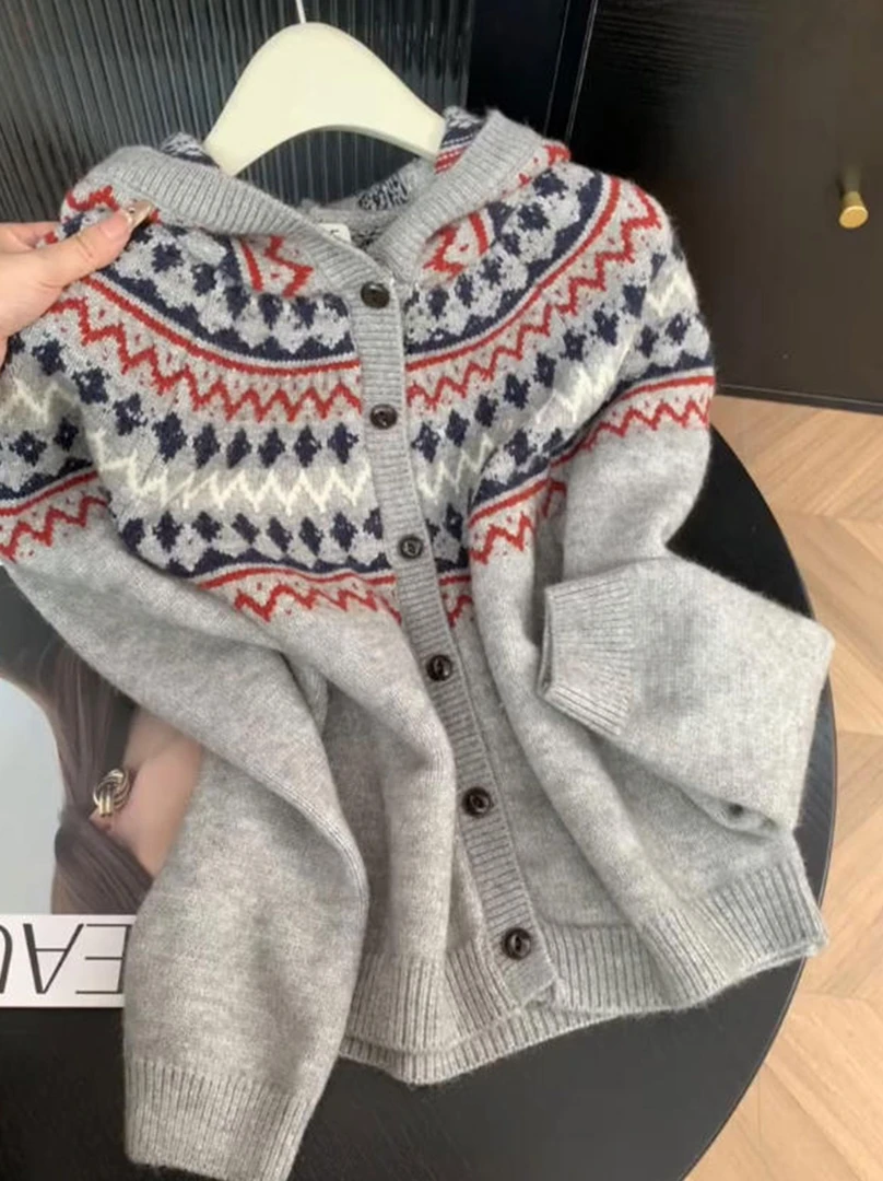 复古慵懒费尔岛提花连帽针织开衫女秋冬新款宽松百搭软糯毛衣外套