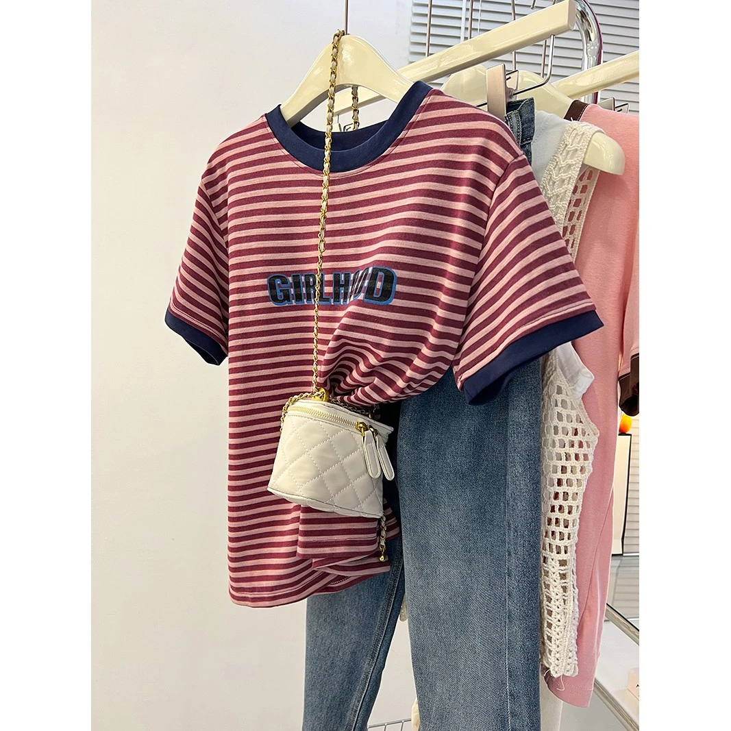 设计感小众美式覆古条纹短袖T恤女2025新款夏季宽松半袖正肩上衣