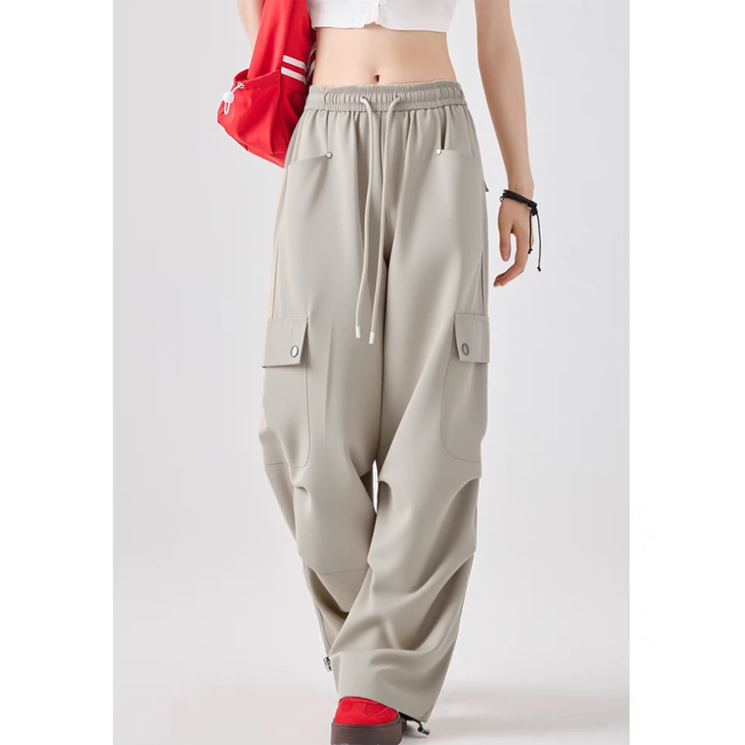 高腰口袋夏季显瘦休闲裤阔腿时装裤子喇叭裤长裤春夏垂感