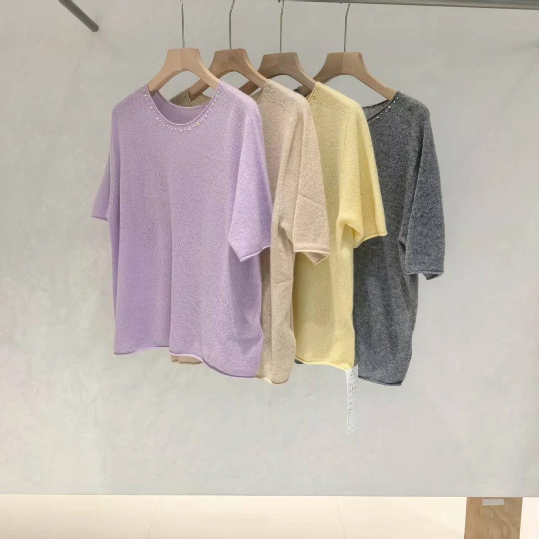 29366气质精致玉石钉珠链条山羊绒短袖