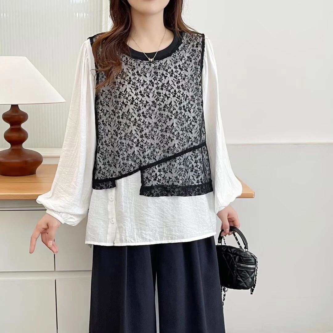 寒苏--110-200斤大码女装拼接早秋圆领蕾丝假两件设计感显瘦上衣