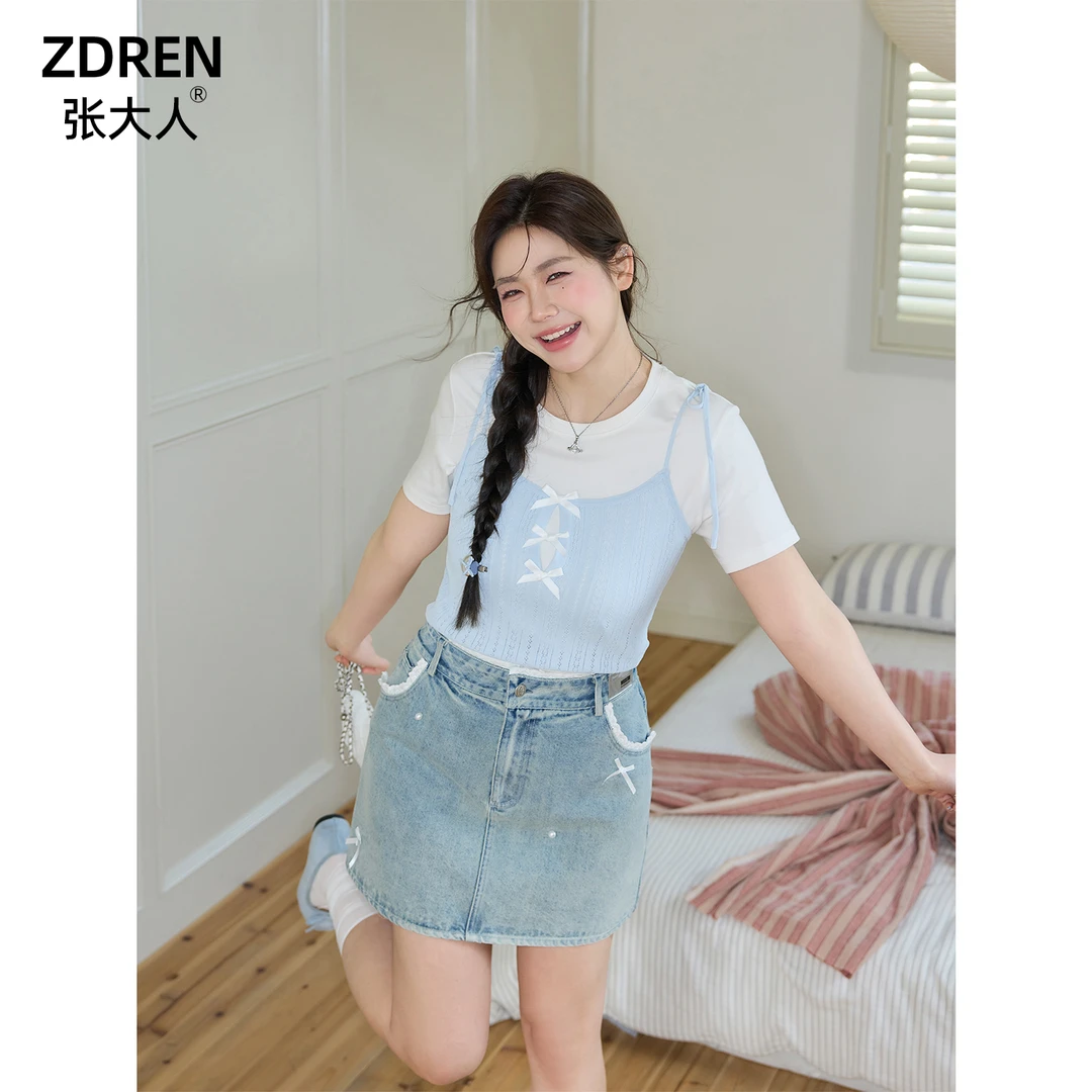 张大人【清新海盐】大码女装微胖妹妹夏季圆领吊带蕾丝牛仔裙三件套