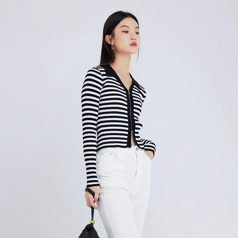 【小余专属】MOFAN摩凡秋新款黑白条纹毛针织衫MDZ373781