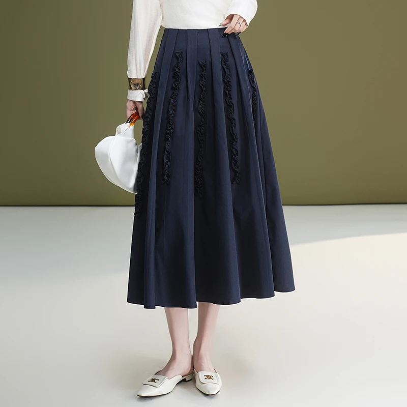 木耳边拼接休闲裙子半身裙女2025秋季新款高腰垂感显瘦中长a字裙