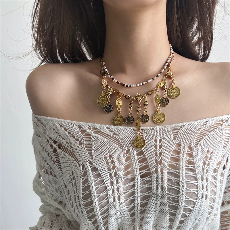 合金亚克力项链 X5980-1多层叠戴珠珠钱币项链时尚百搭复古小众
