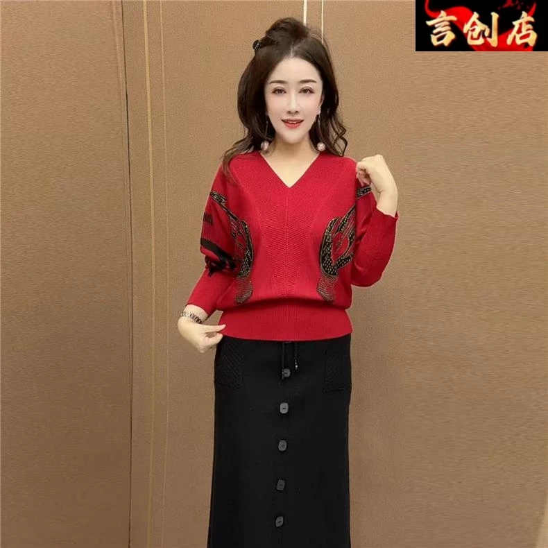 9070长袖新款秋冬打底宽松气质袖领撞色针织衫显瘦遮肉毛衣V蝙蝠