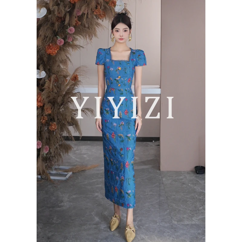 依依子【小兰花】蓝色方领连衣裙女夏季长裙2025年新款时尚碎花裙子