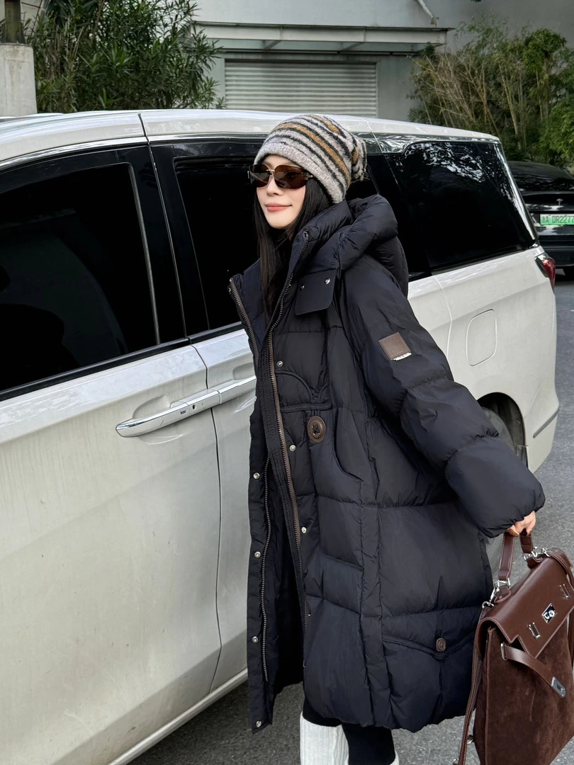 2025冬季保暖连帽百搭长款宽松型毛领厚款宽松女秋冬羽绒服中长款