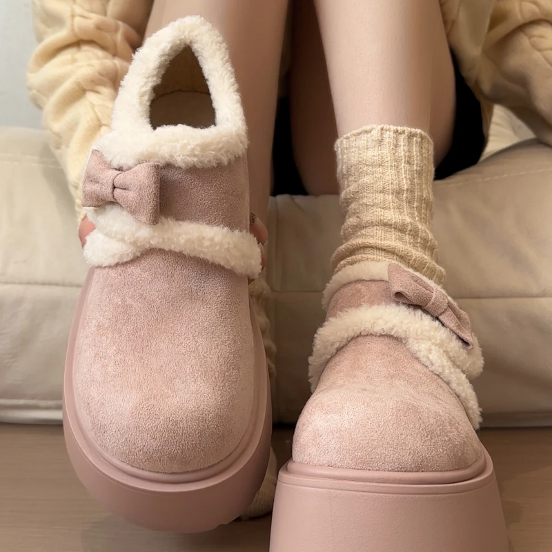 小个子复古增高厚底蝴蝶结雪地棉鞋女冬季新款保暖外穿勃肯毛毛鞋