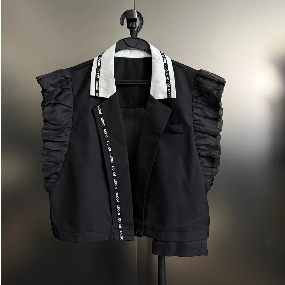 DA-J夏季新款拼接翻领设计感小坎肩飞飞袖马甲