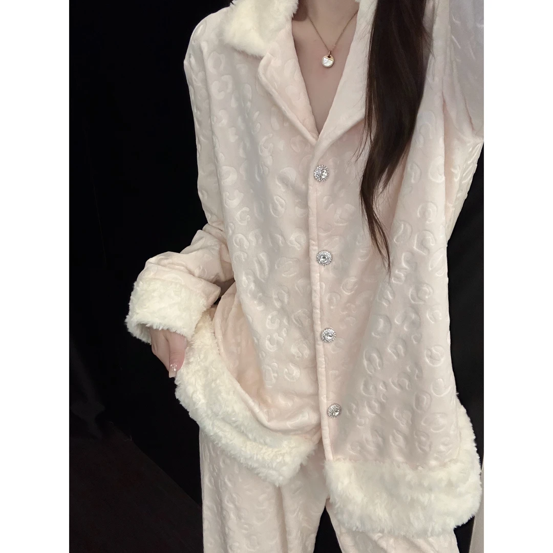 甜美可爱少女粉豹纹海岛绒睡衣女秋冬季新款保暖家居服套装可外穿