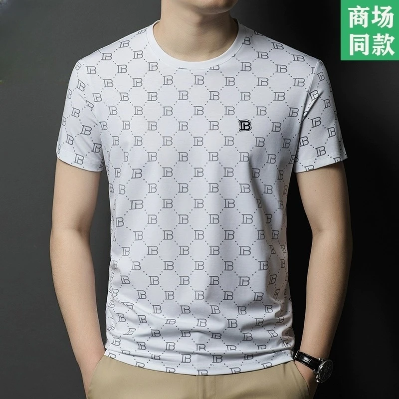 短袖t恤男士圆领休闲男装夏季新款桑蚕丝潮流T恤上衣轻奢痞帅男装