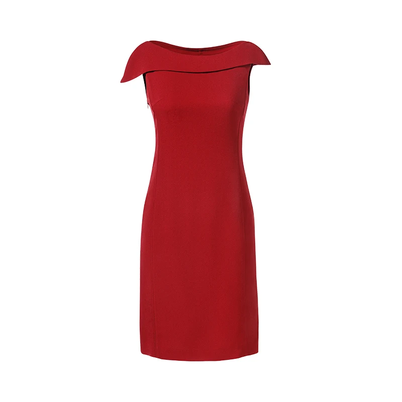 LN轻奢女士气质酒红一字领醋酸连衣裙时尚休闲修身NL19267A