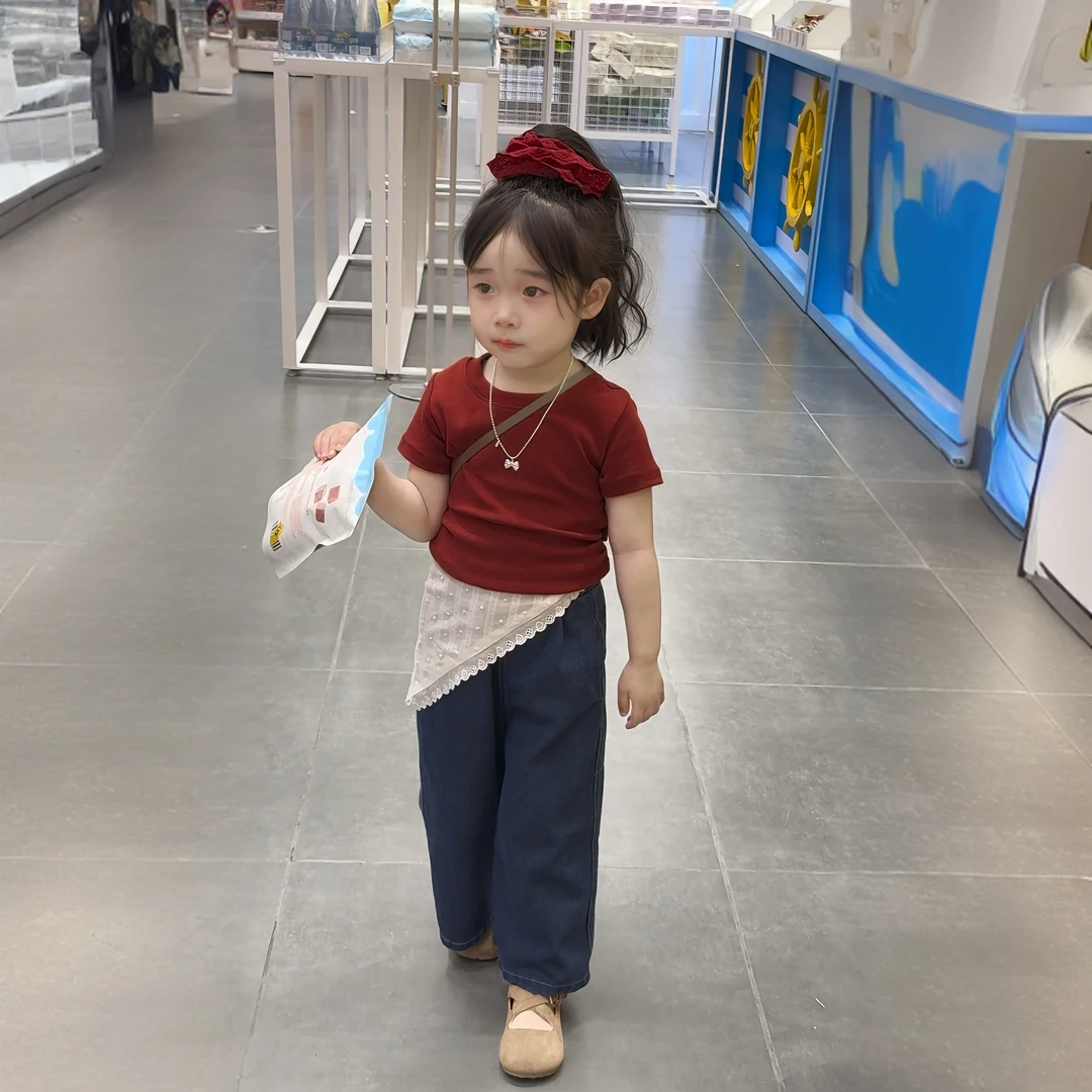 儿童2025新款夏季套装时髦网红系带短袖儿童阔腿裤小女孩洋气衣服