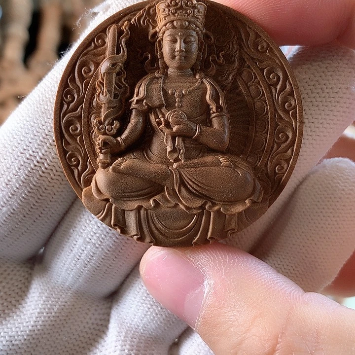 檀香木把件虚空藏菩萨守护神福利款圆牌