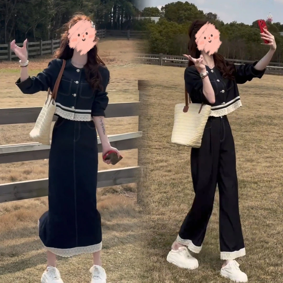 春季穿搭一整套女2025年新款小香风蕾丝拼接上衣高腰阔腿裤两件套