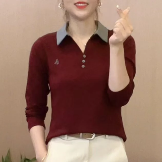 2025秋季新款POLO衫刺绣领口拼接百搭修身纯色女士翻领长袖F5112