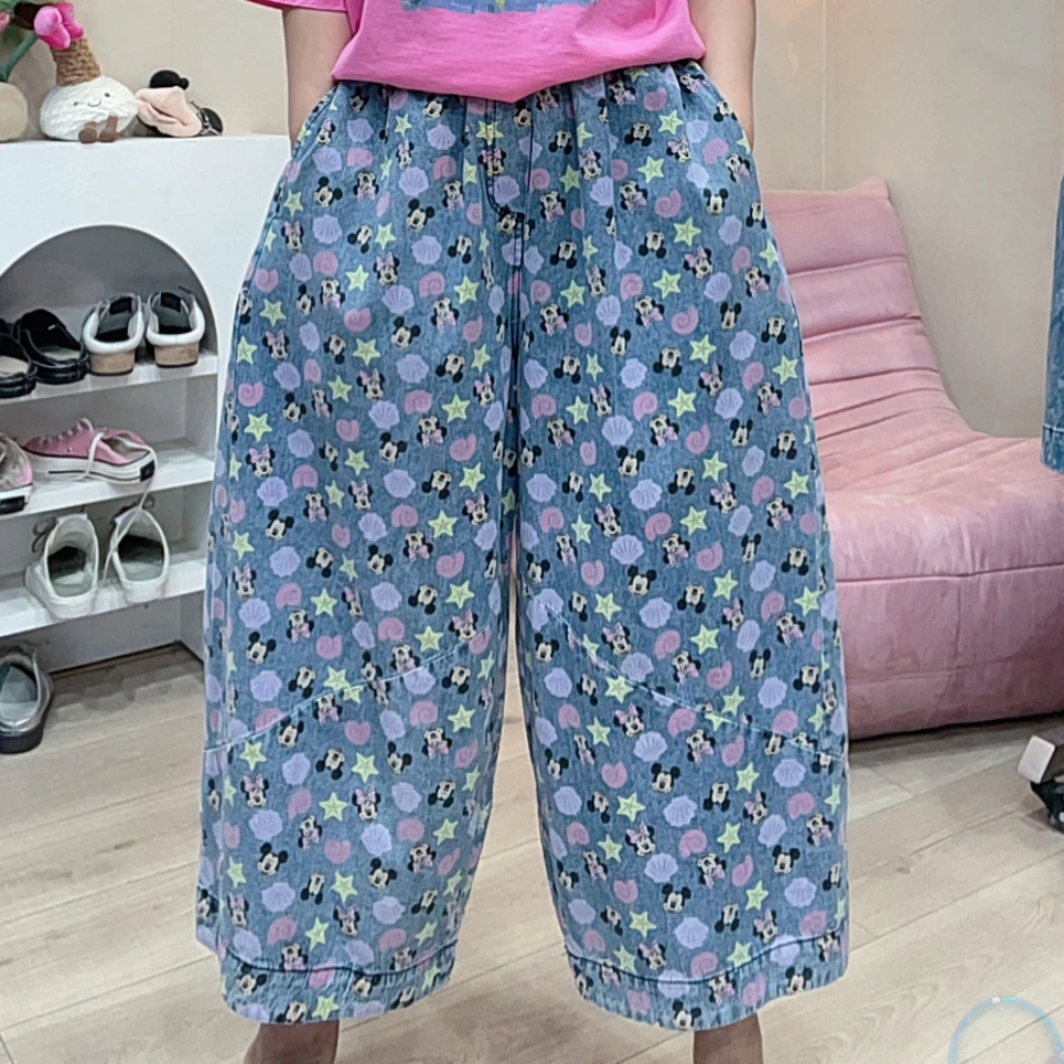 583韩版新款薄牛仔印米奇五角星图案大版牛仔裤女