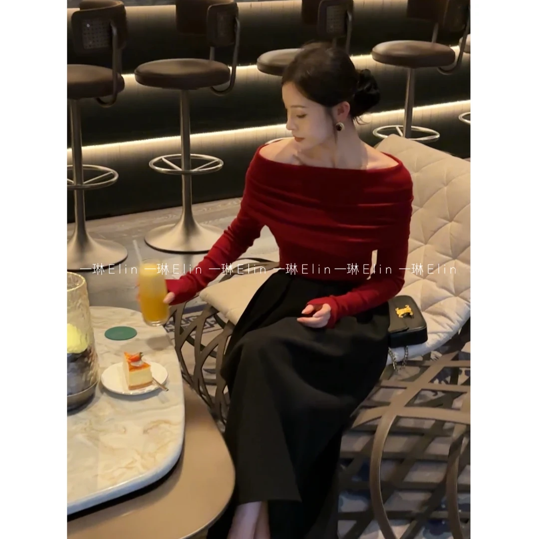 LZQ｜心动时刻～黑色/红色羊毛一字肩针织高级显瘦毛衣上衣XMZH9864