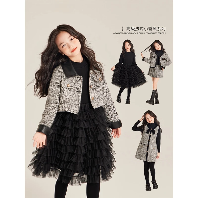 女童套装秋季2025新款蝴蝶结领口撞色小香风外套背心裙儿童蓬蓬裙