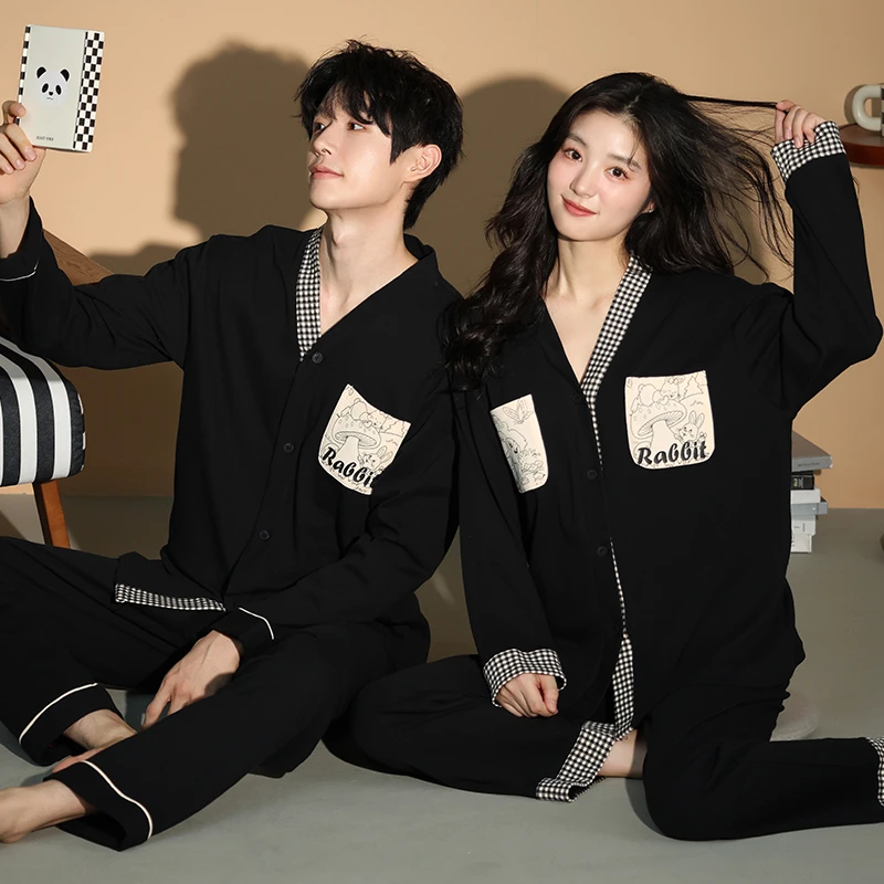 帕兰朵带胸垫纯棉情侣睡衣家居服大码秋冬季男女家居服套装长袖春