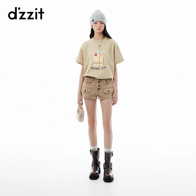 dzzit地素短袖T恤摩登都市水晶饰布设计纯棉宽松上衣女3I3B331