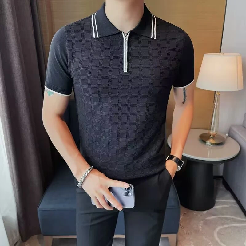 优桓男装夏季商务短袖polo衫高端拉链翻领针织冰丝透气修身t恤潮
