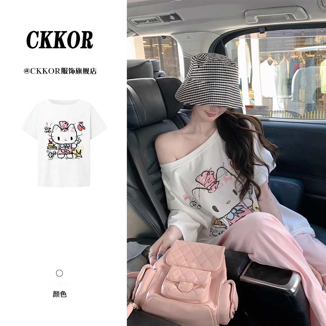 CKKOR夏季一字领短袖t恤女休闲时尚高级感别致穿搭简约设计感印花