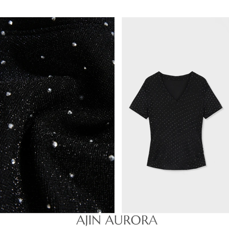 【繁星似锦】夏季时尚修身显瘦V领满钻百搭短袖T恤-A7