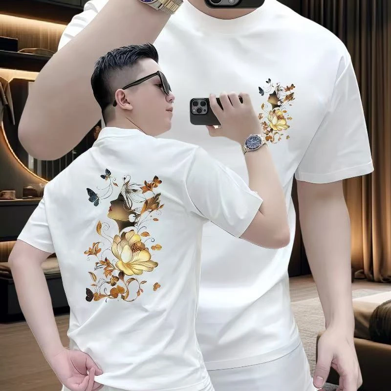 女人蝶 高品质新款重磅轻奢百搭极简印花流行圆领时尚宽松半袖