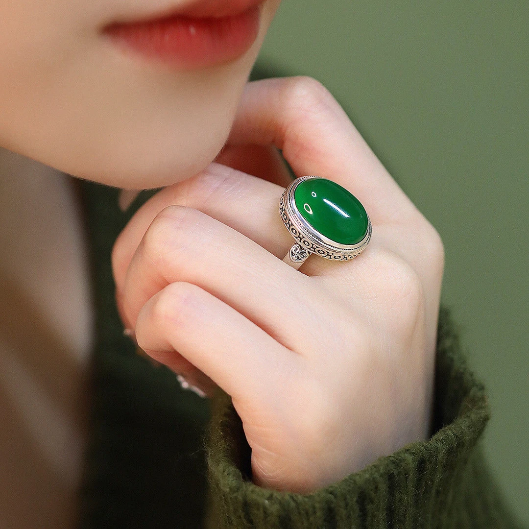 铜合金戒指 圆绿蛋面戒指女小众复古宫廷风食指戒国潮风气质百搭