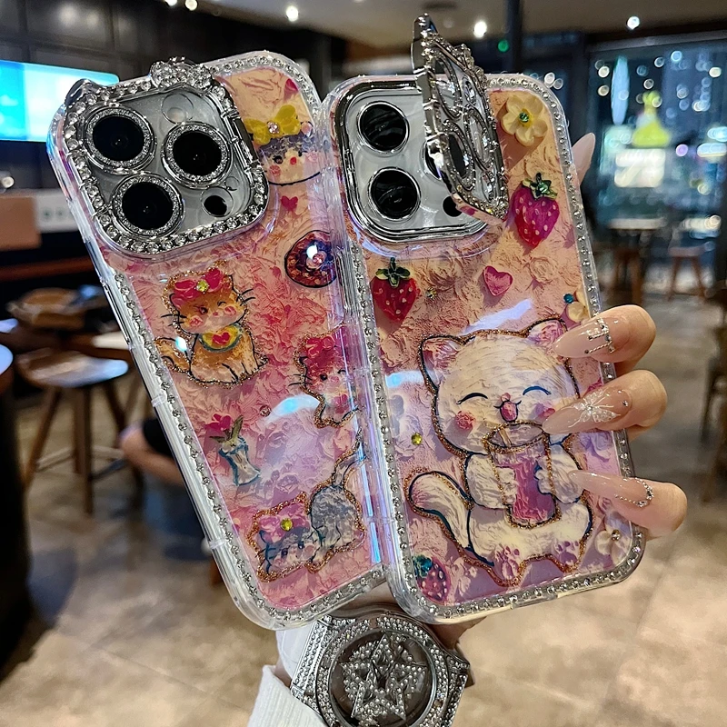 适用苹果系列iPhone16手机壳油画草莓猫咪猫咪一体支架钻框镜头膜