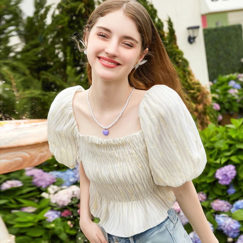 方领短袖重工立体刺绣泡泡袖雪纺衫女甜美可爱风格衣服上衣新款