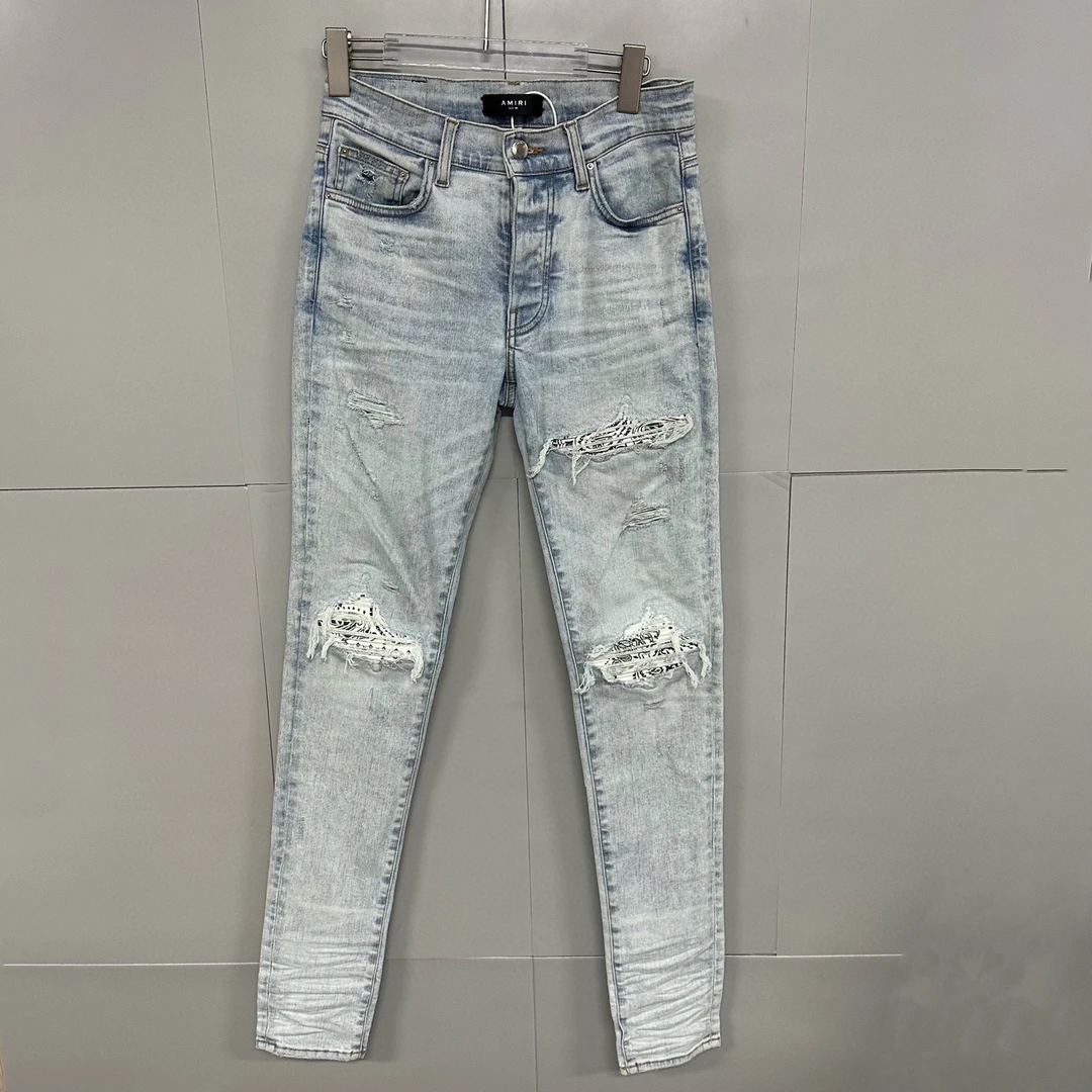 99新 AMIRI 破坏拼接修身牛仔裤 29码 D19422