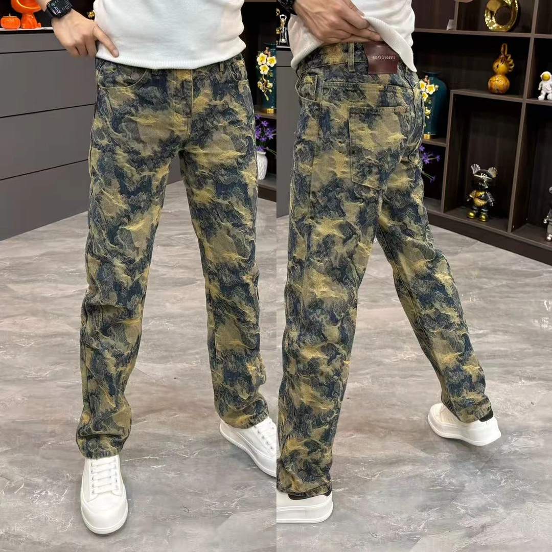 潮流提花牛仔裤男士冬季新款男裤时尚美式宽松裤子裤子男款秋冬款