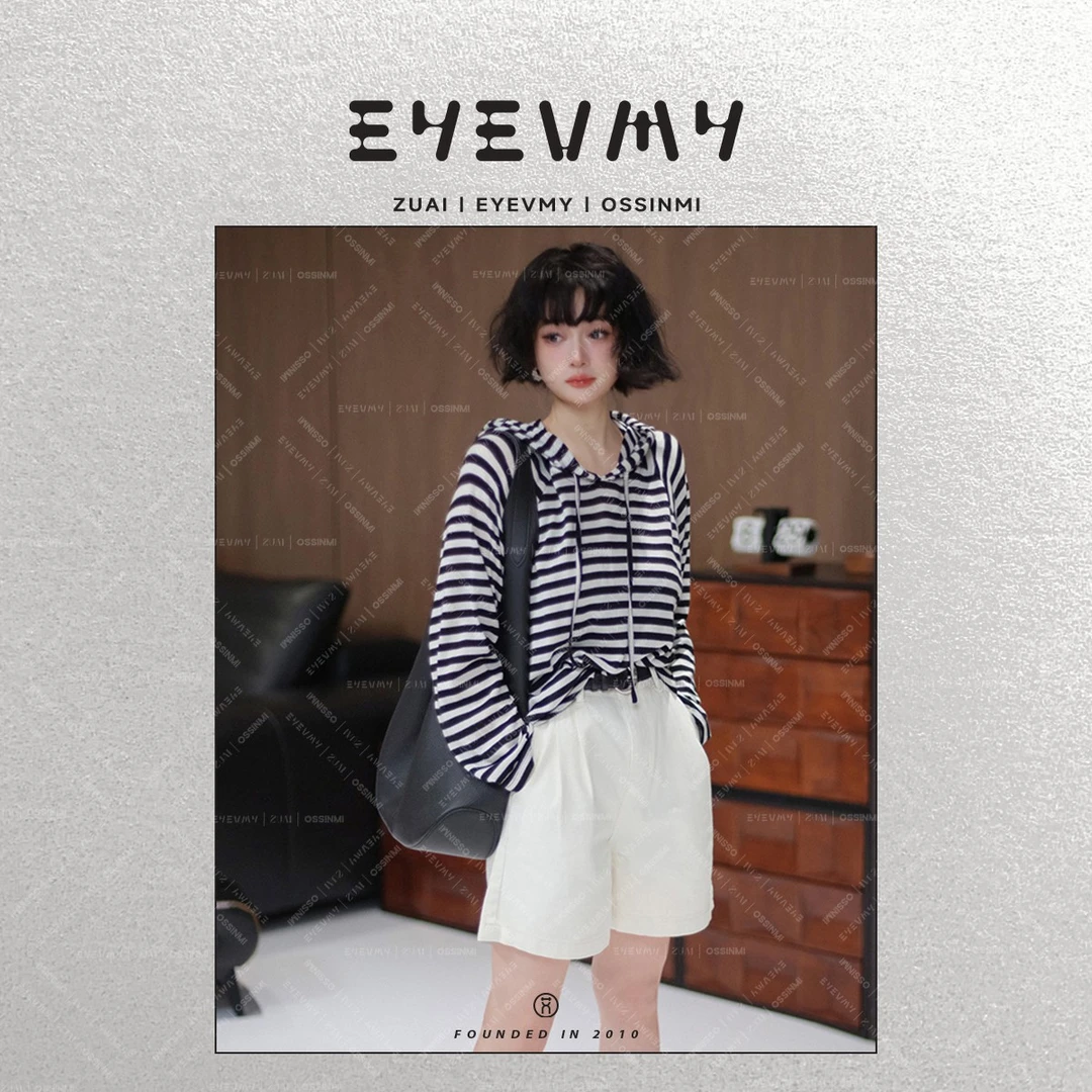 【盐系少年风】天丝羊毛连帽条纹T恤浅春系百搭长袖上衣WT45EFU003