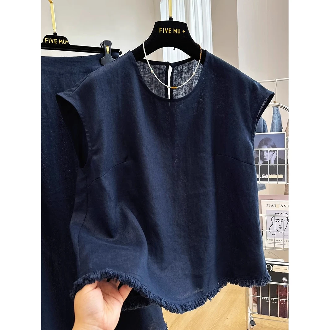 港风设计感穿搭无袖背心高腰半身裙两件套名媛女高端棉麻套装夏季