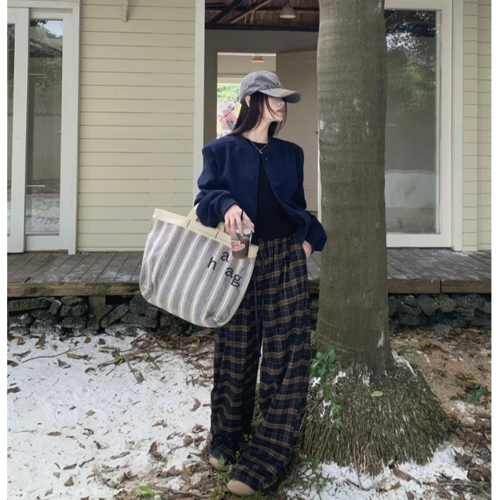 藏青色复古立领长袖毛呢外套女秋季美式夹克开衫松紧腰格子裤套装