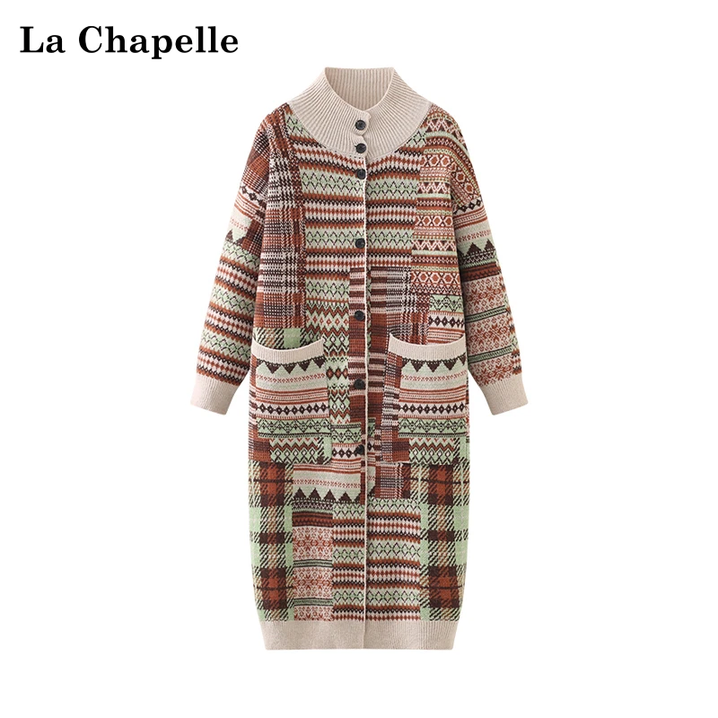 拉夏贝尔复古拼色翻领排扣双口袋长款针织开衫外套女新款潮牌女装
