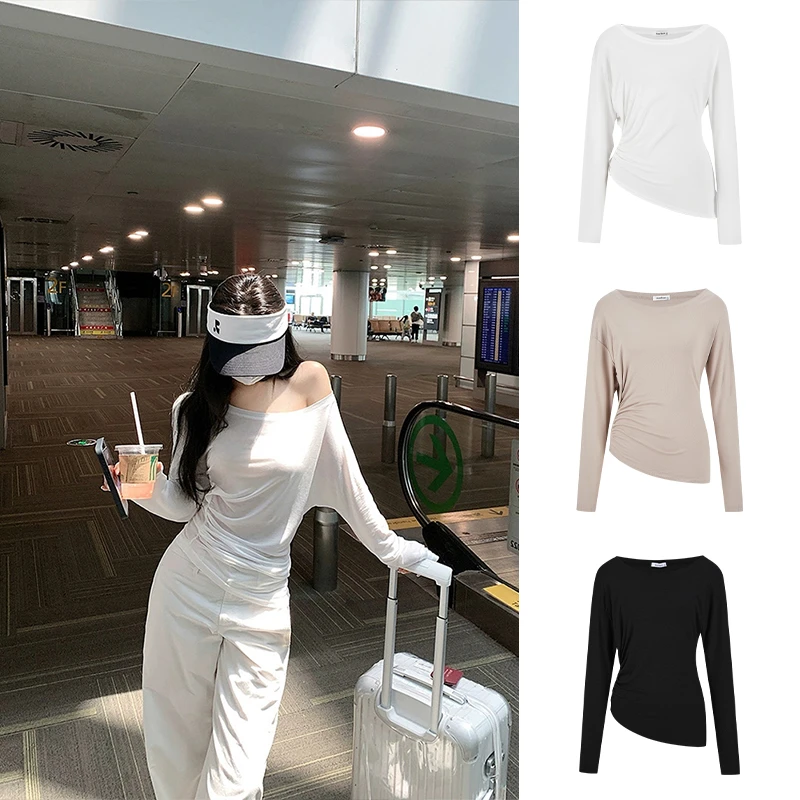 Moses Queen/魔西女王斜肩露肩上衣女性感一字肩收腰显瘦长袖T恤